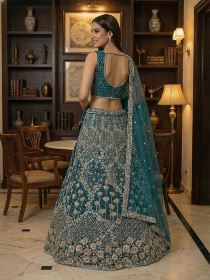 Firozi Pure Soft Net Heavy Embroidery Work Bridal Lehenga