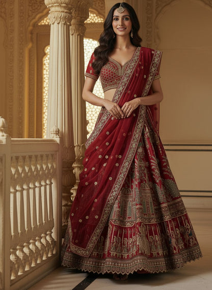 Red Pure Soft Silk Heavy Embroidery Work Bridal Lehenga