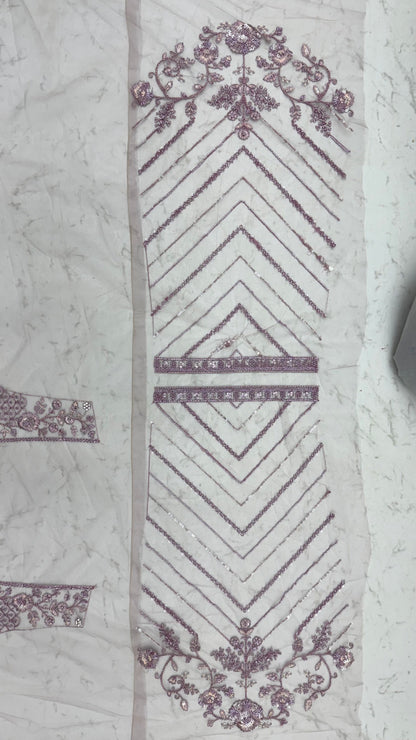 Lavender Pure Premium Net Handwork Kasti &amp; Motif Zari Metallic Sequins Work Wedding Saree