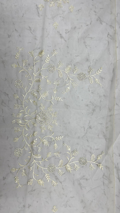 Cream Pure Premium Net Handwork Kasti &amp; Motif Zari Metallic Sequins Work Wedding Saree