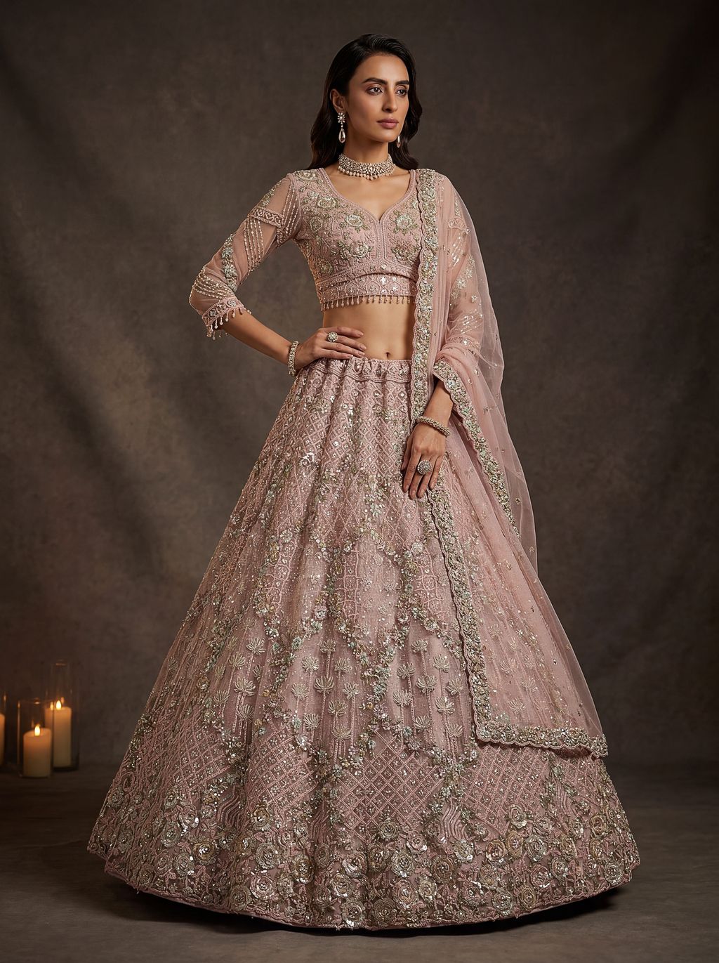 Peach Pink Pure Soft Heavy Double Net Crafted Fancy Chapat Zari Work Bridal Lehenga Choli