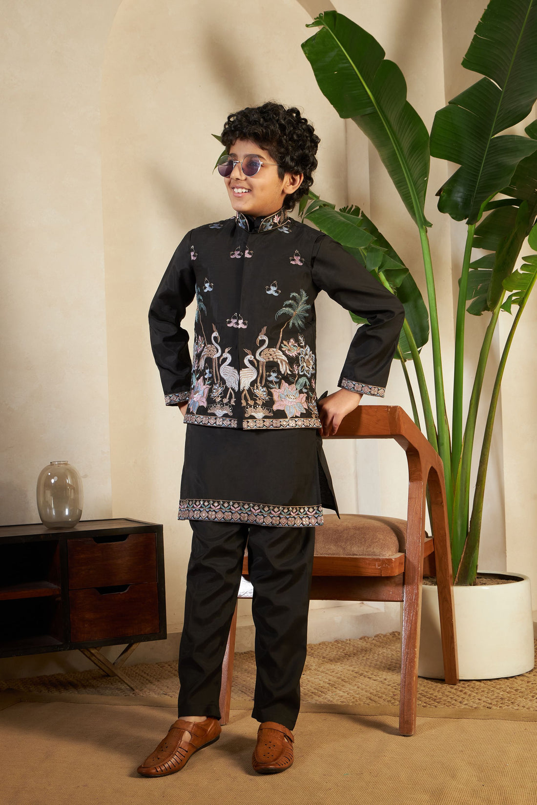 Black Pure Viscose Silk Silk Kids Boy Kurta Pajama With Koti Jacket 