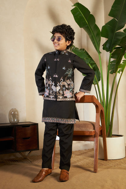 Black Pure Viscose Silk Silk Kids Boy Kurta Pajama With Koti Jacket 