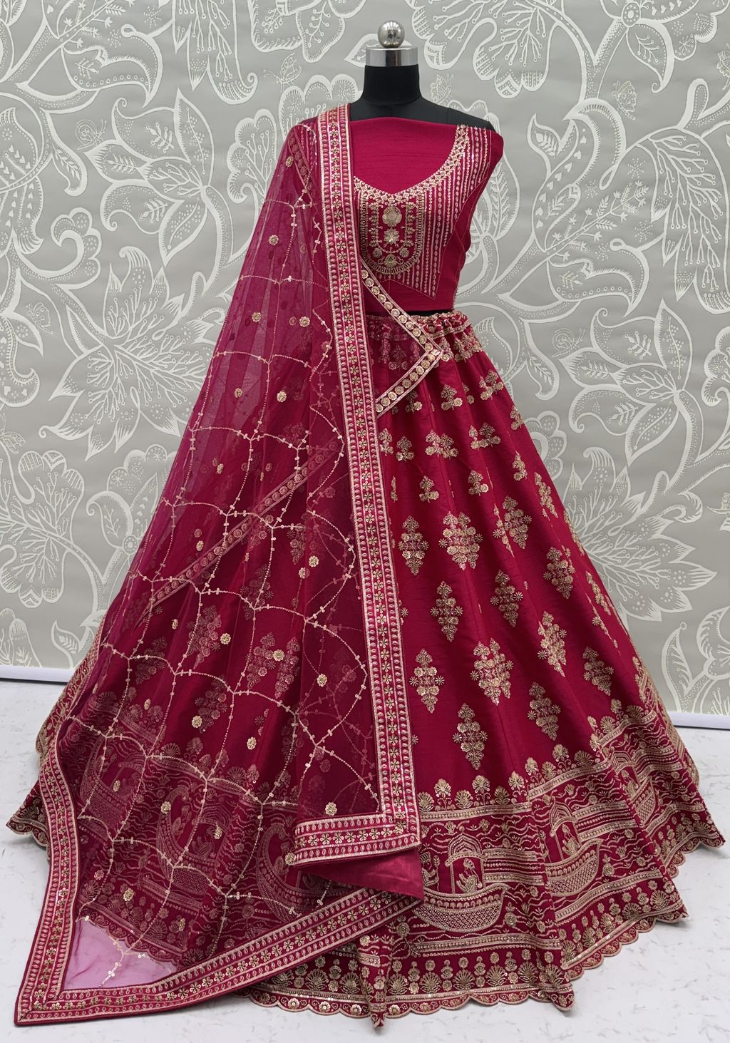 Rani Pink Pure Soft Heavy Silk Sequins Embroidery Work Bridal Lehenga 