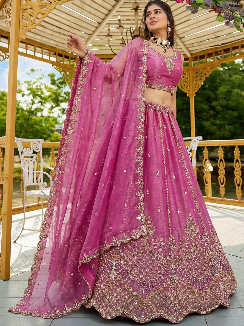 Pink Pure Soft Net Heavy Embroidery Work Bridal Lehenga