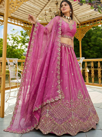 Pink Pure Soft Net Heavy Embroidery Work Bridal Lehenga