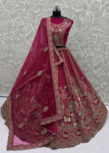 Rani Pink Pure Soft Gadwal Silk Heavy Embroidery Work Bridal Lehenga 