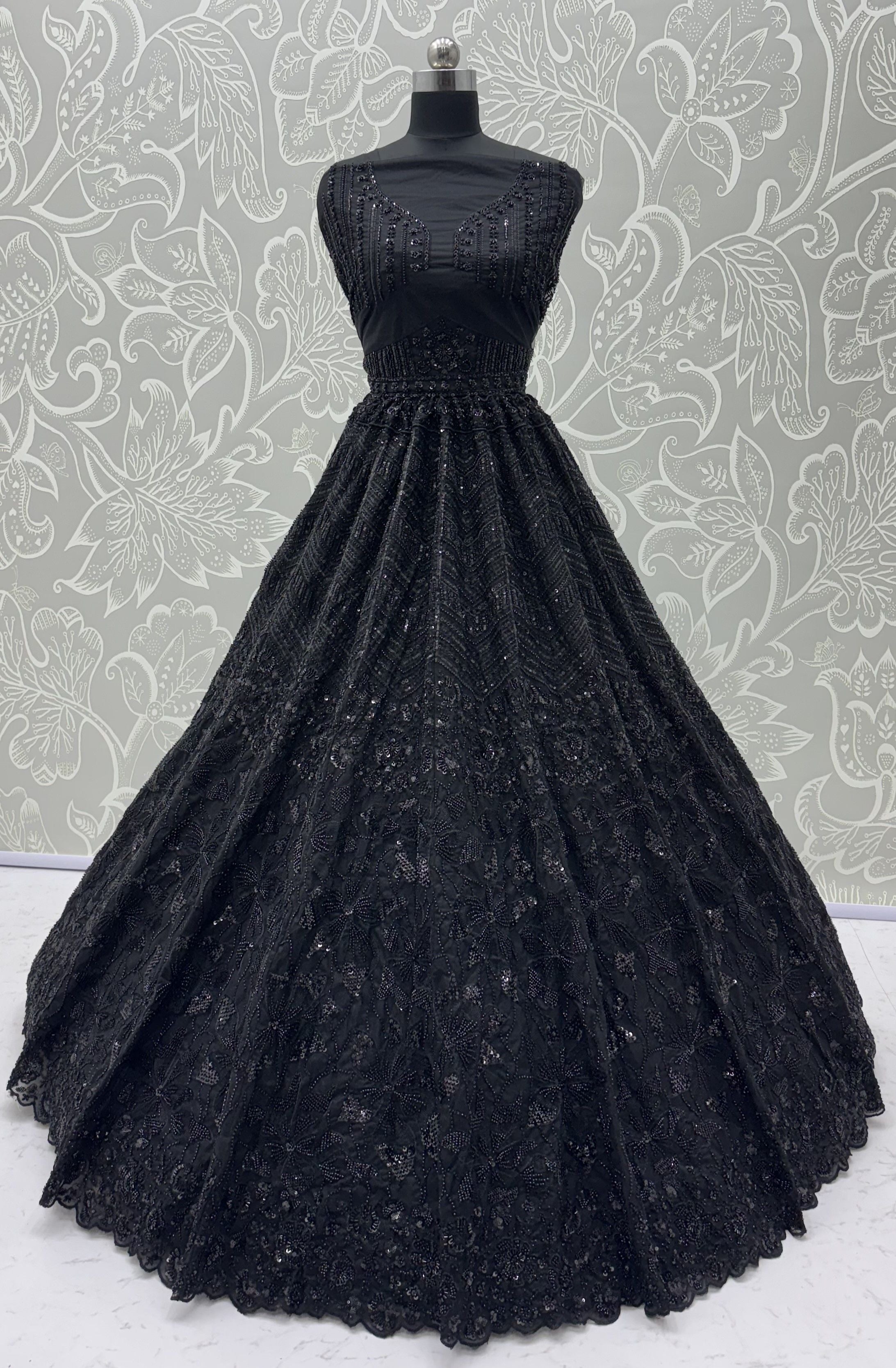 Z Black Pure Heavy Net Monochrome Sequins Zari Embroidery Work Net Bridal Lehenga Choli