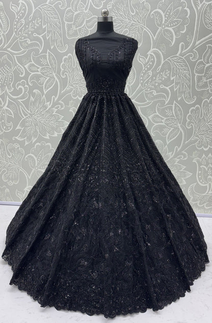 Z Black Pure Heavy Net Monochrome Sequins Zari Embroidery Work Net Bridal Lehenga Choli