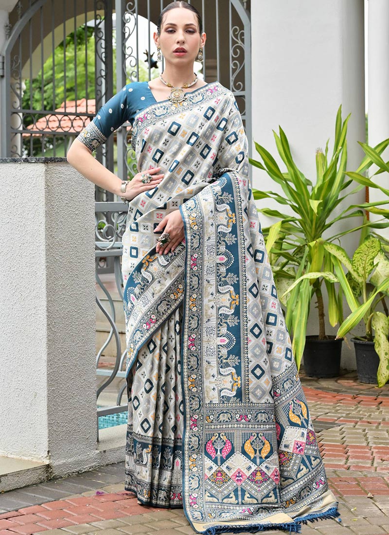 Rama Blue Pure Soft Banarasi Silk Patola Zari Woven Saree