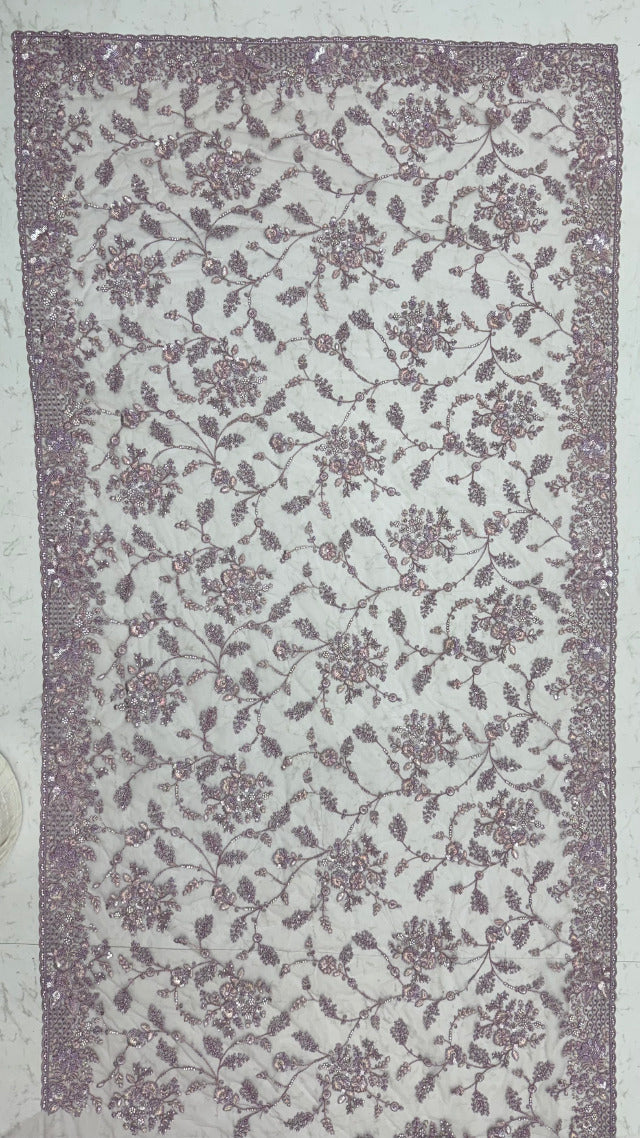 Lavender Pure Premium Net Handwork Kasti &amp; Motif Zari Metallic Sequins Work Wedding Saree