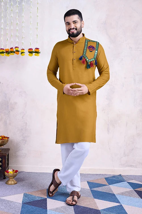 Real Mirror Work Navratri Special Yellow Color Mens Wear Kurta Collection