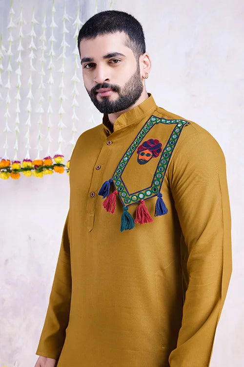 Real Mirror Work Navratri Special Yellow Color Mens Wear Kurta Collection