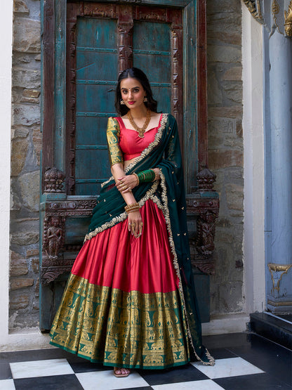 Red Pure Narayan Pattu with Zari Weaving &amp; Embroidery Paithani Lehenga Choli