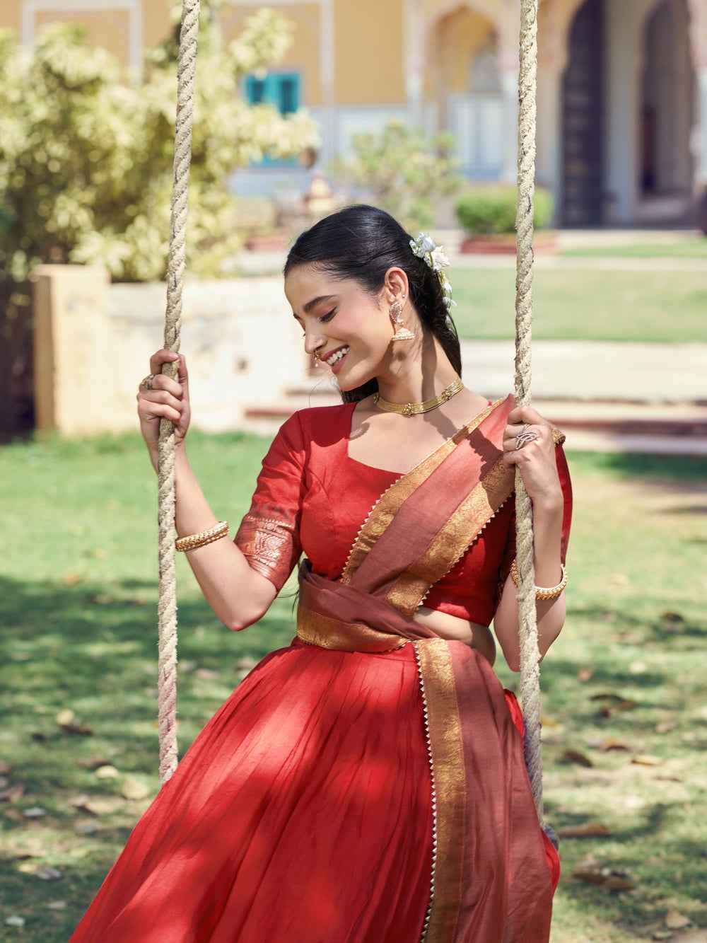 Red Pure Poly Poly Cotton with Zari Woven Half Saree Lehenga