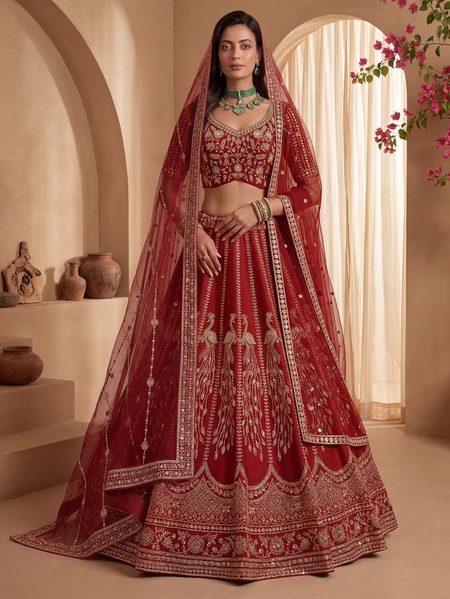Red Pure Soft Heavy Net Sequins Embroidery Work Bridal Lehenga Choli 
