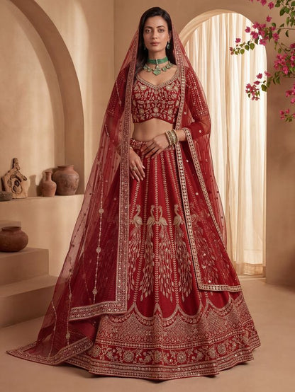 Red Pure Soft Heavy Net Sequins Embroidery Work Bridal Lehenga Choli 