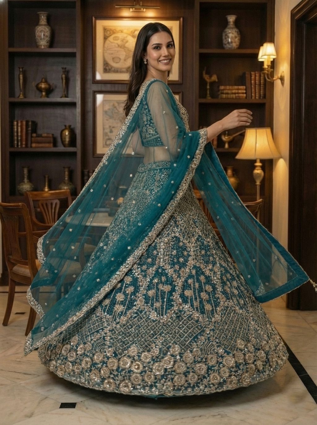 Firozi Pure Soft Net Heavy Embroidery Work Bridal Lehenga