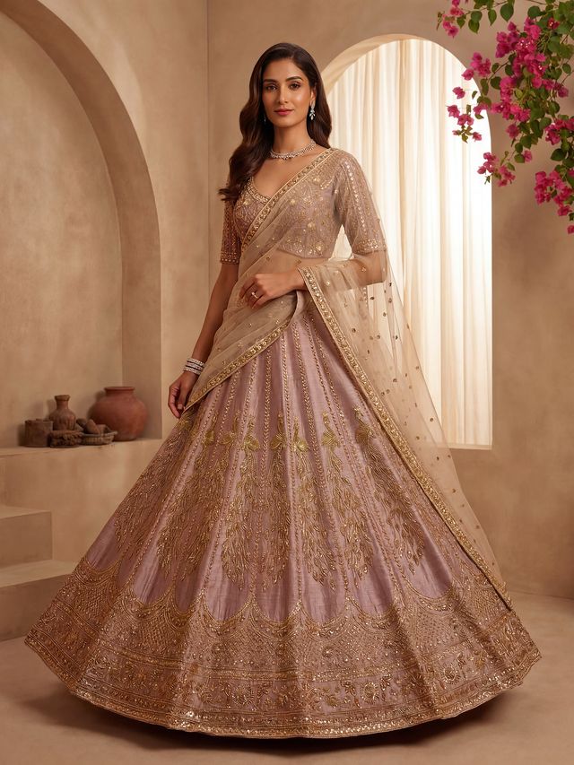 Powder Pink Pure Soft Heavy Net Sequins Embroidery Work Bridal Lehenga Choli 