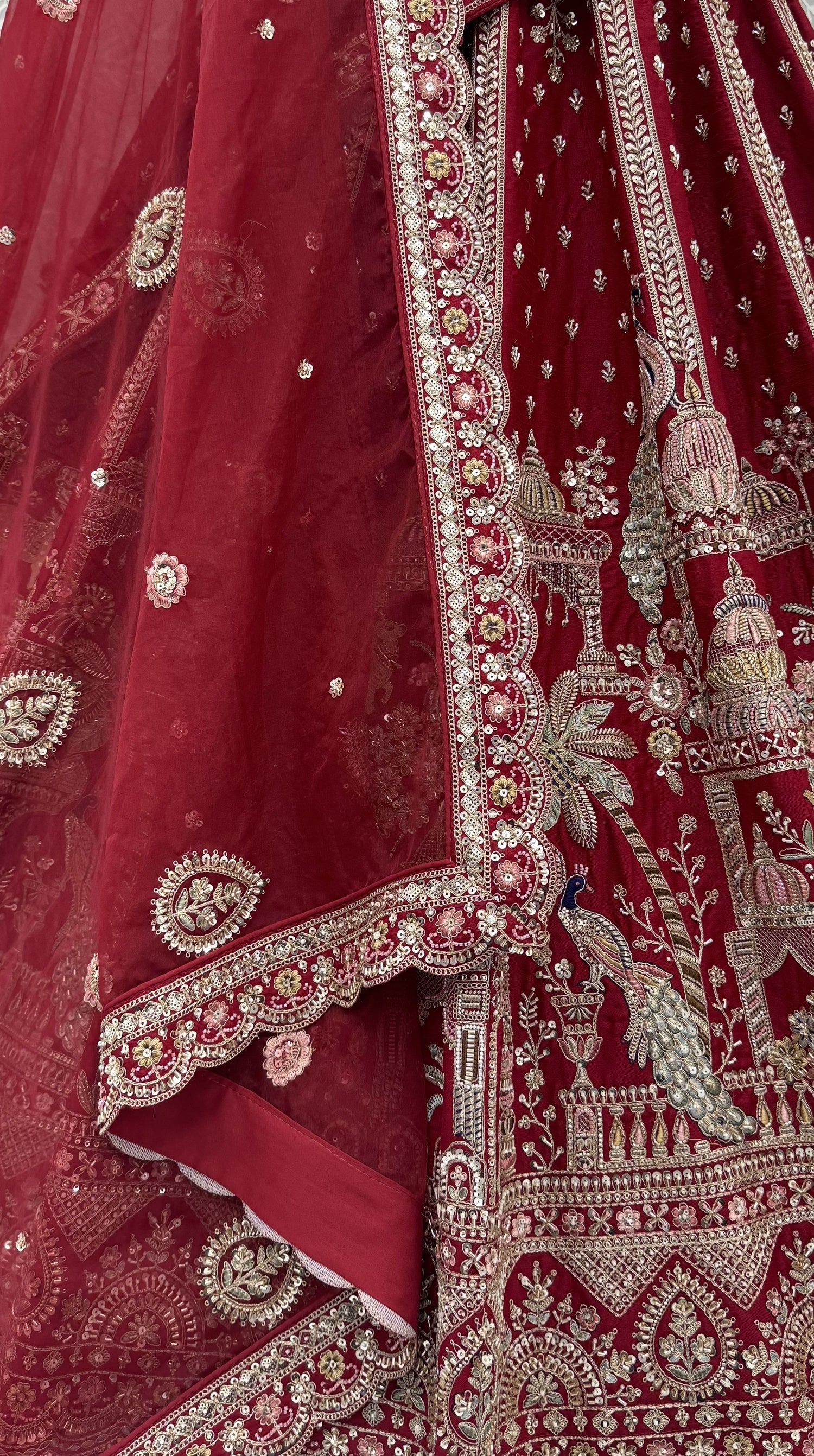 Red Pure Soft Multi Color Motif Multi thread Embroidery Sequins Work Bridal Lehenga Choli