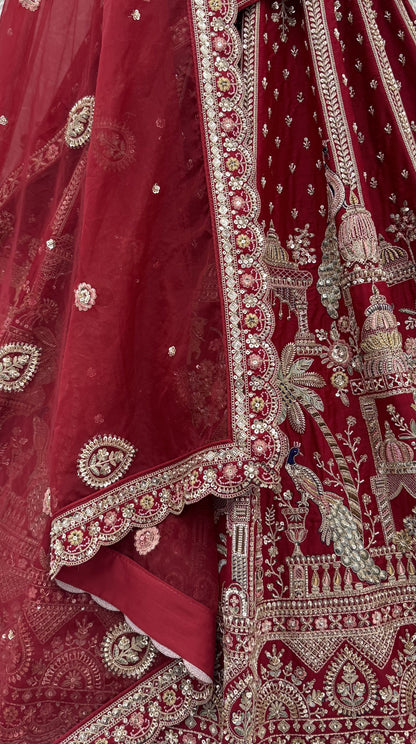 Red Pure Soft Multi Color Motif Multi thread Embroidery Sequins Work Bridal Lehenga Choli