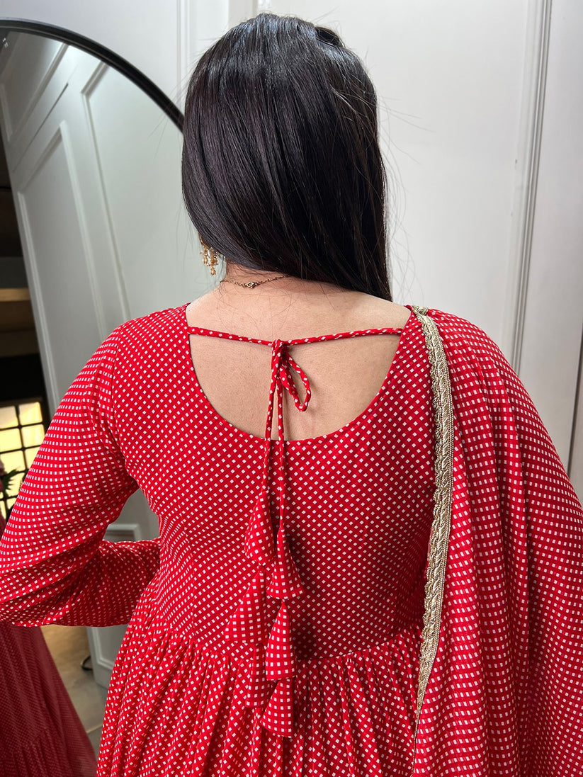 Red Printed Georgette Gown With Dupatta