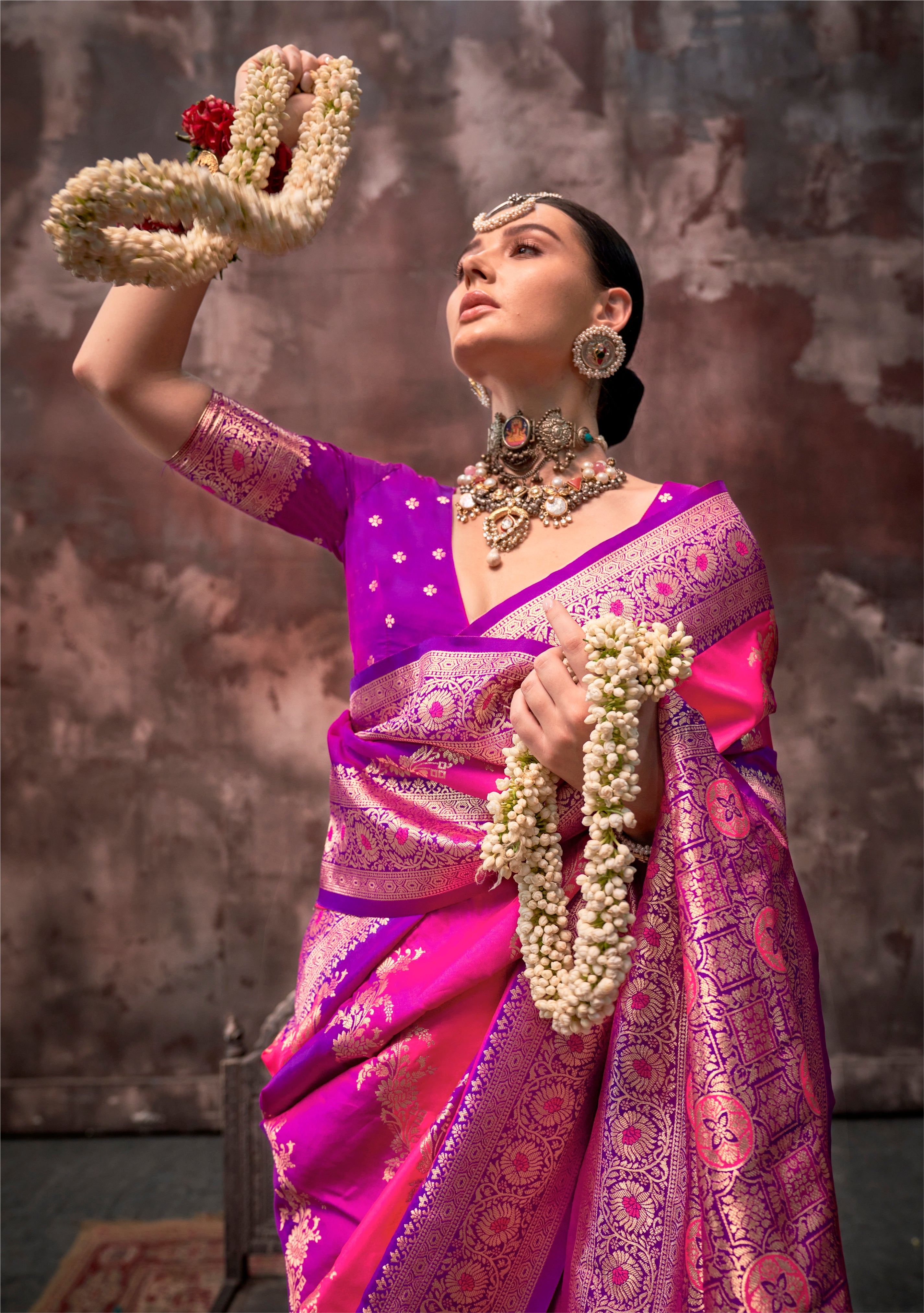 Pink &amp; Purple Rangkaat Handloom Weaving Silk Saree