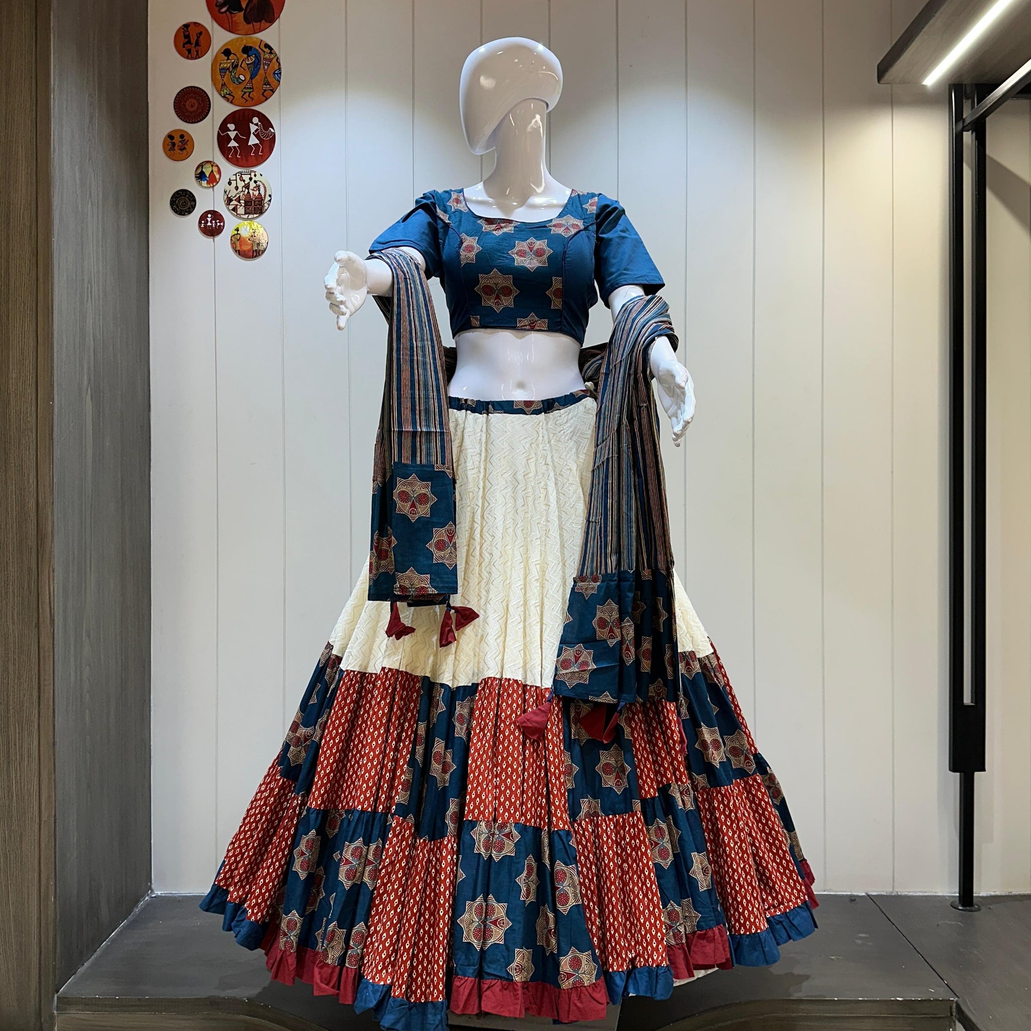 Royal Blue & Red Embroidered Cotton Chaniya Choli