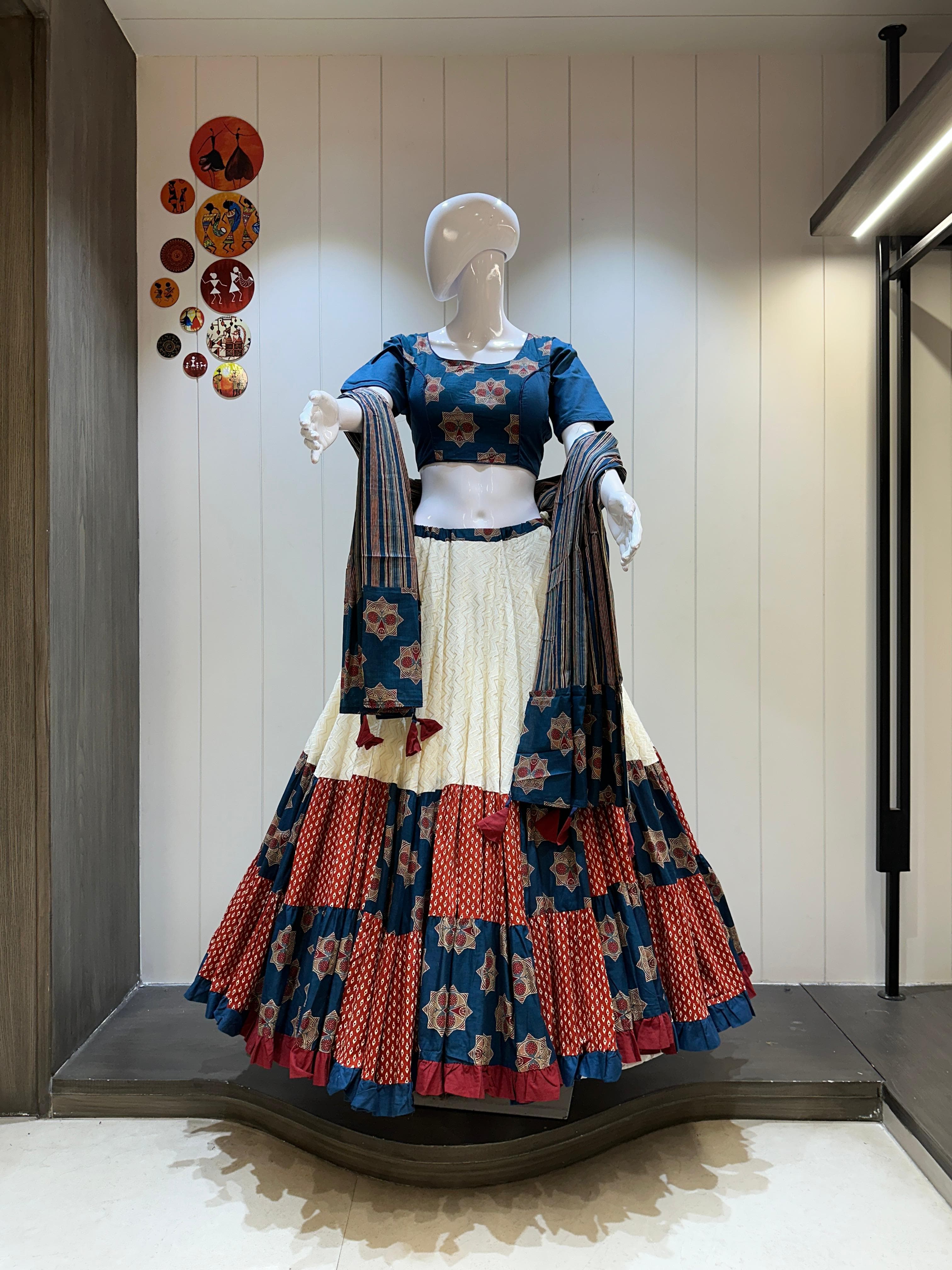 Royal Blue &amp; Red Embroidered Cotton Chaniya Choli