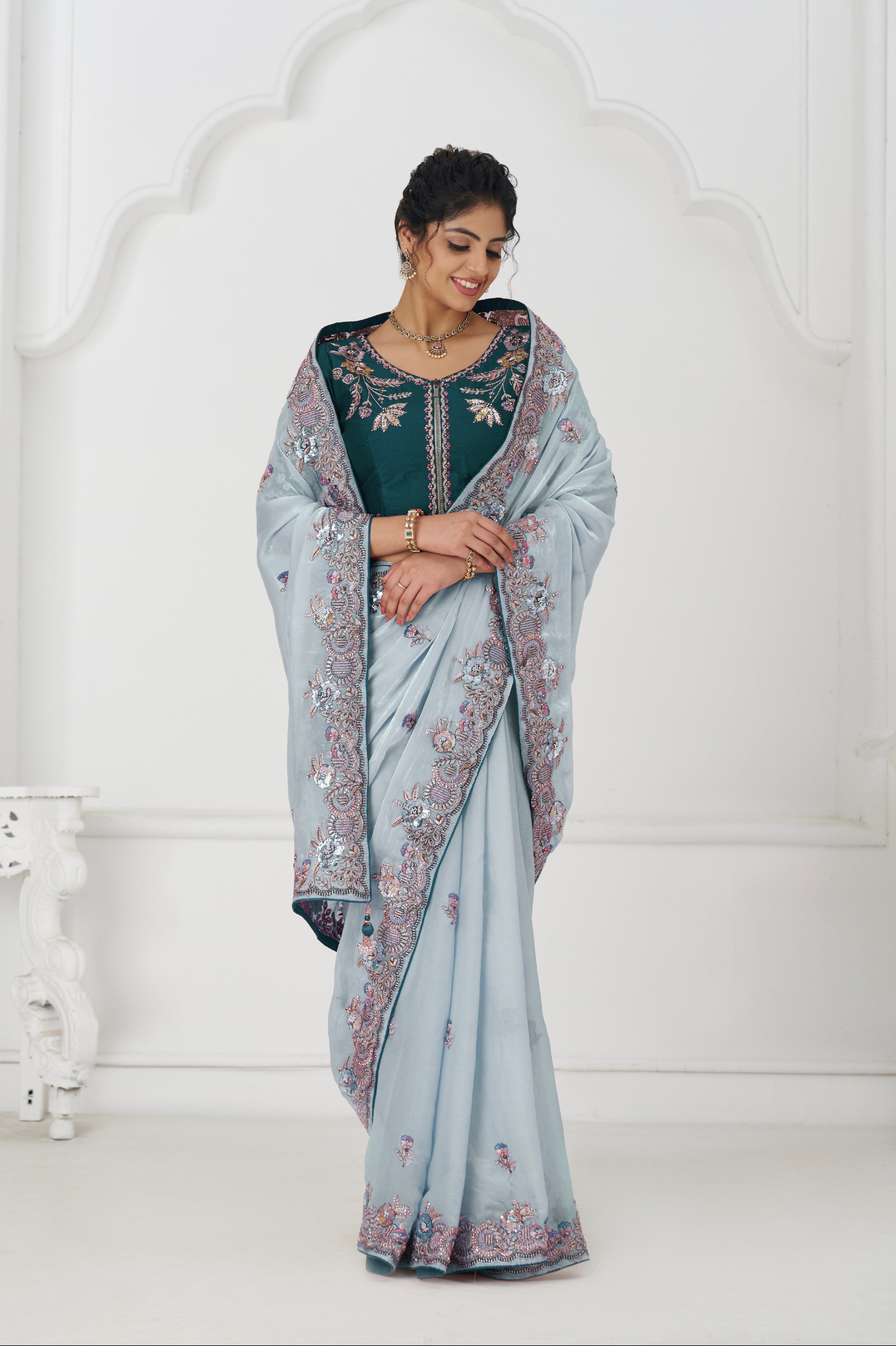 Grey traditional silk saree for wedding wear