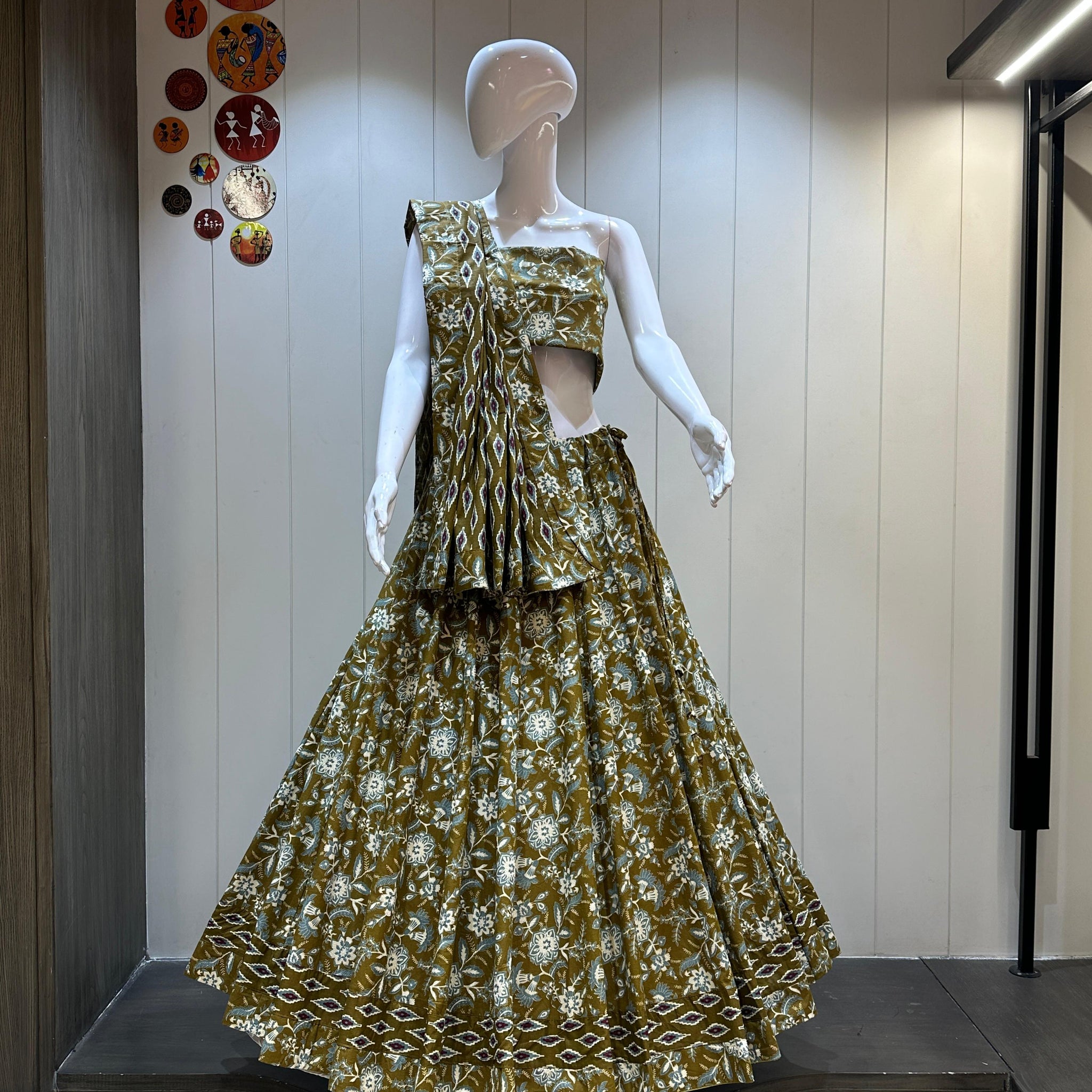 Traditional Festive Cotton Chaniya Choli in Olive Green for Garba

