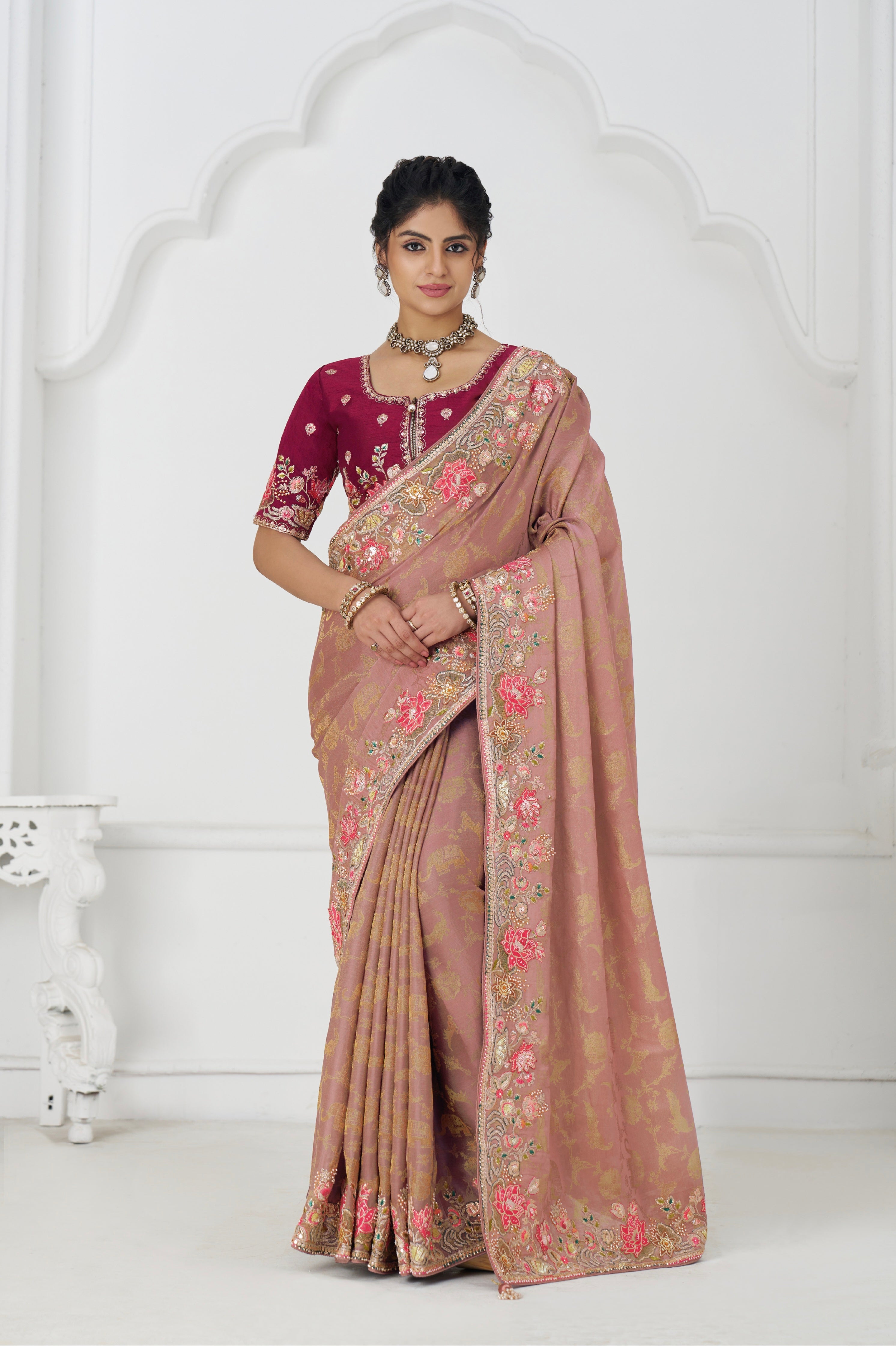 Peach Dola silk saree with floral threadwork