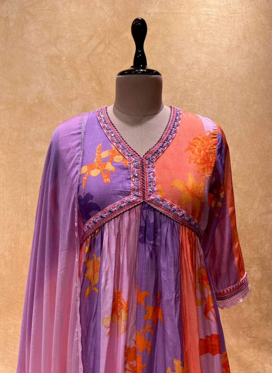 Beautiful Party Wear Pure Muslin Alia Cut Suit With Dupatta - Anant Exports