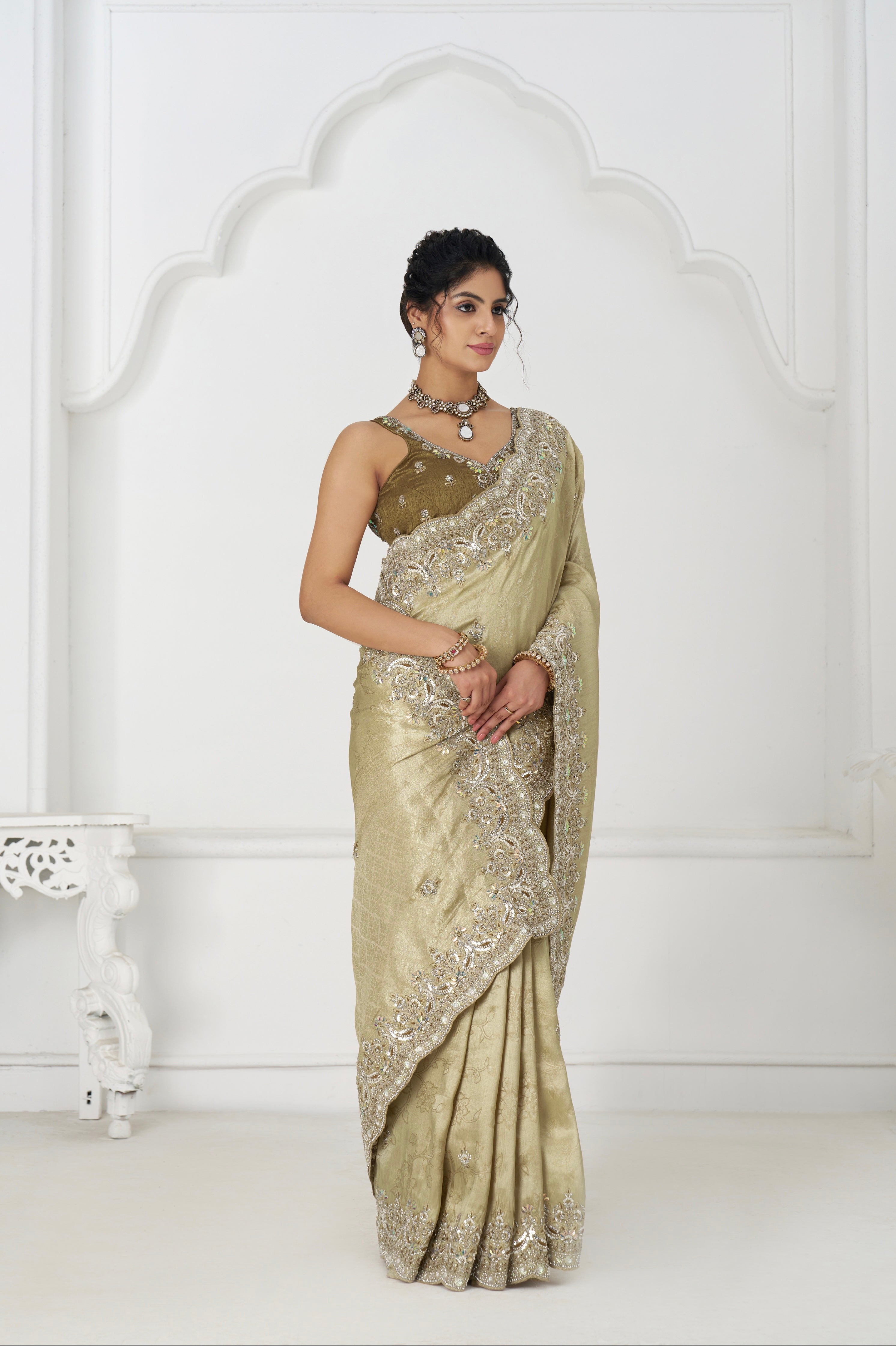 Chiku Dola silk saree with bead and sequin embroidery