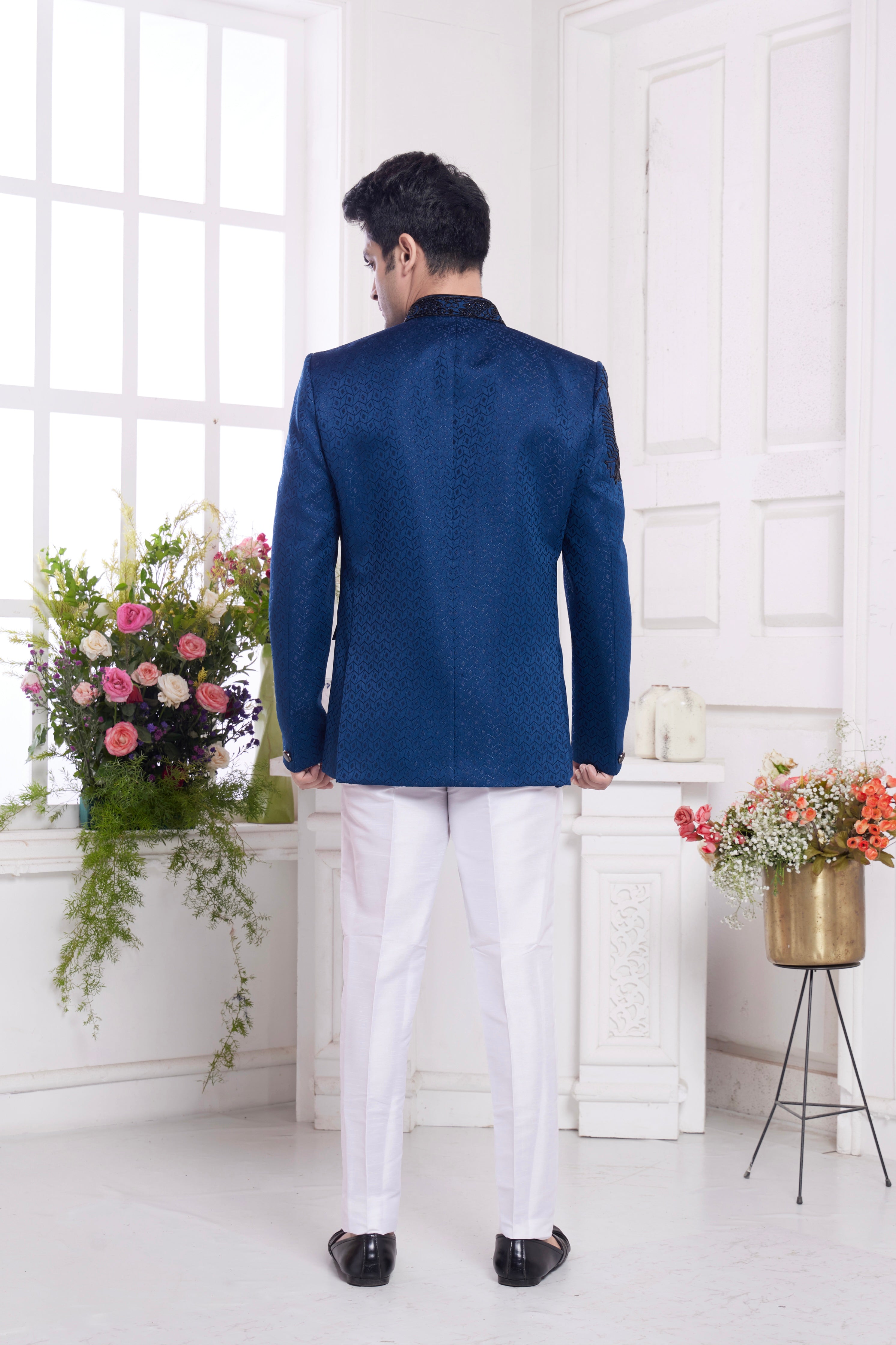 Blue indo-western jodhpuri for reception

