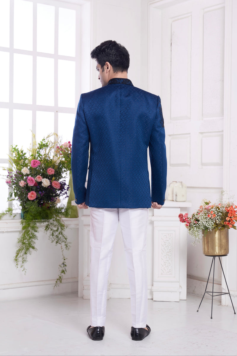 Blue indo-western jodhpuri for reception

