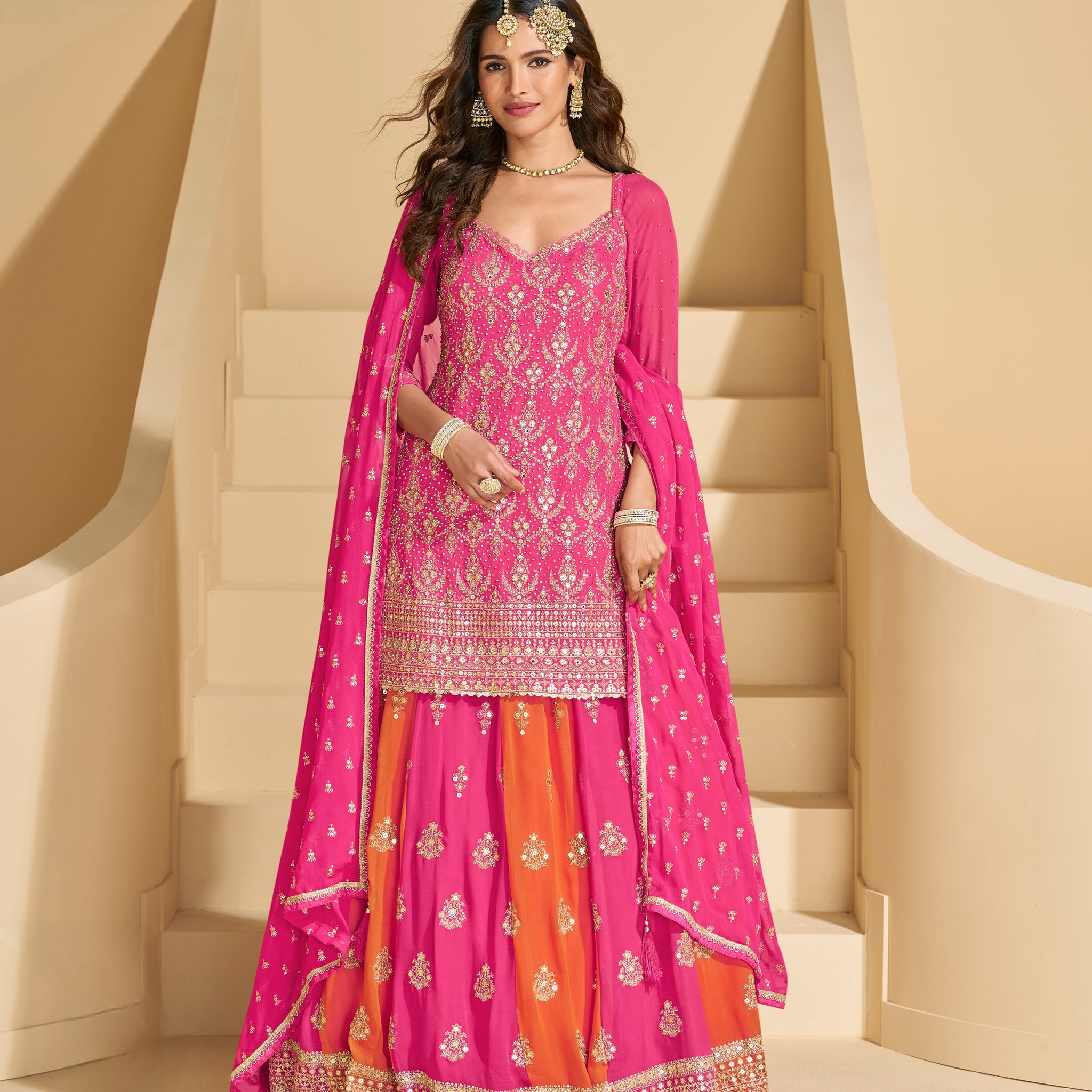 Hot Pink & Orange Heavy Embroidered Georgette Sharara Suit