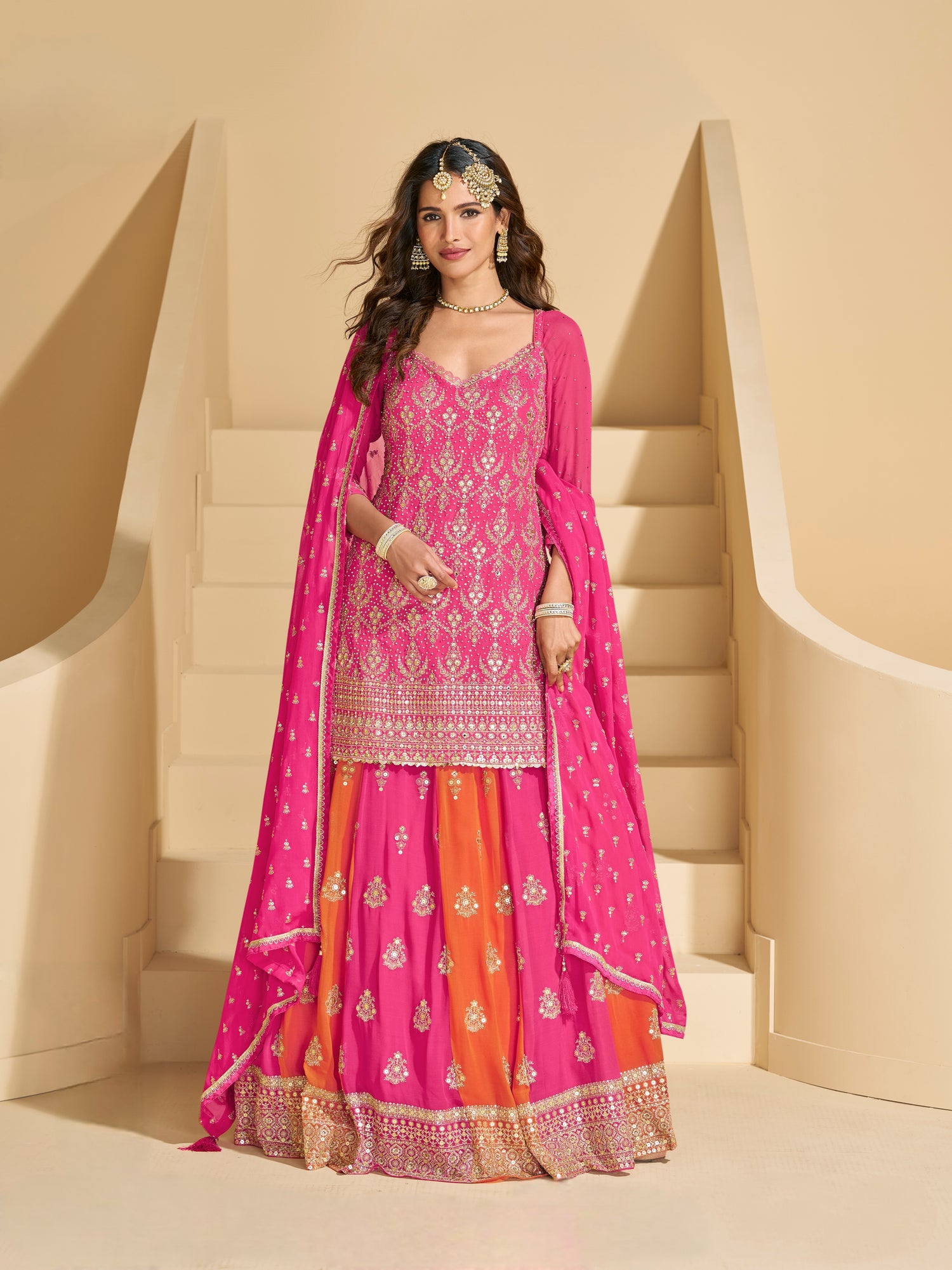 Hot Pink &amp; Orange Heavy Embroidered Georgette Sharara Suit
