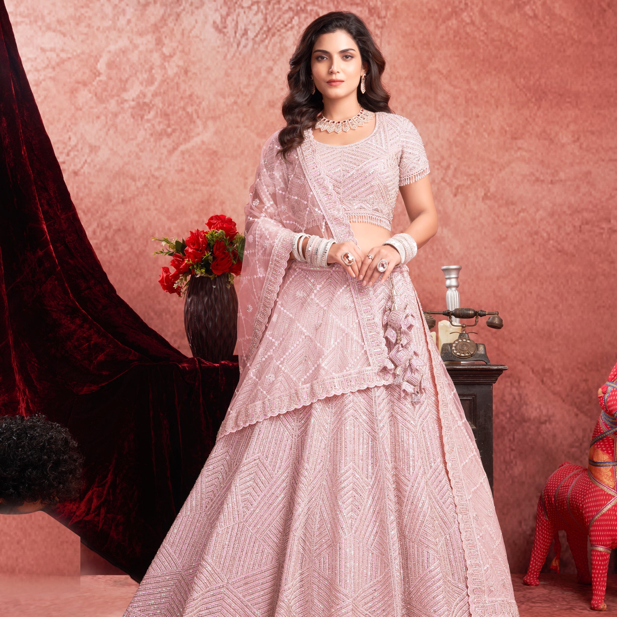 Baby Pink Premium Net Bridal Lehenga Zarkan Hand Embroidery