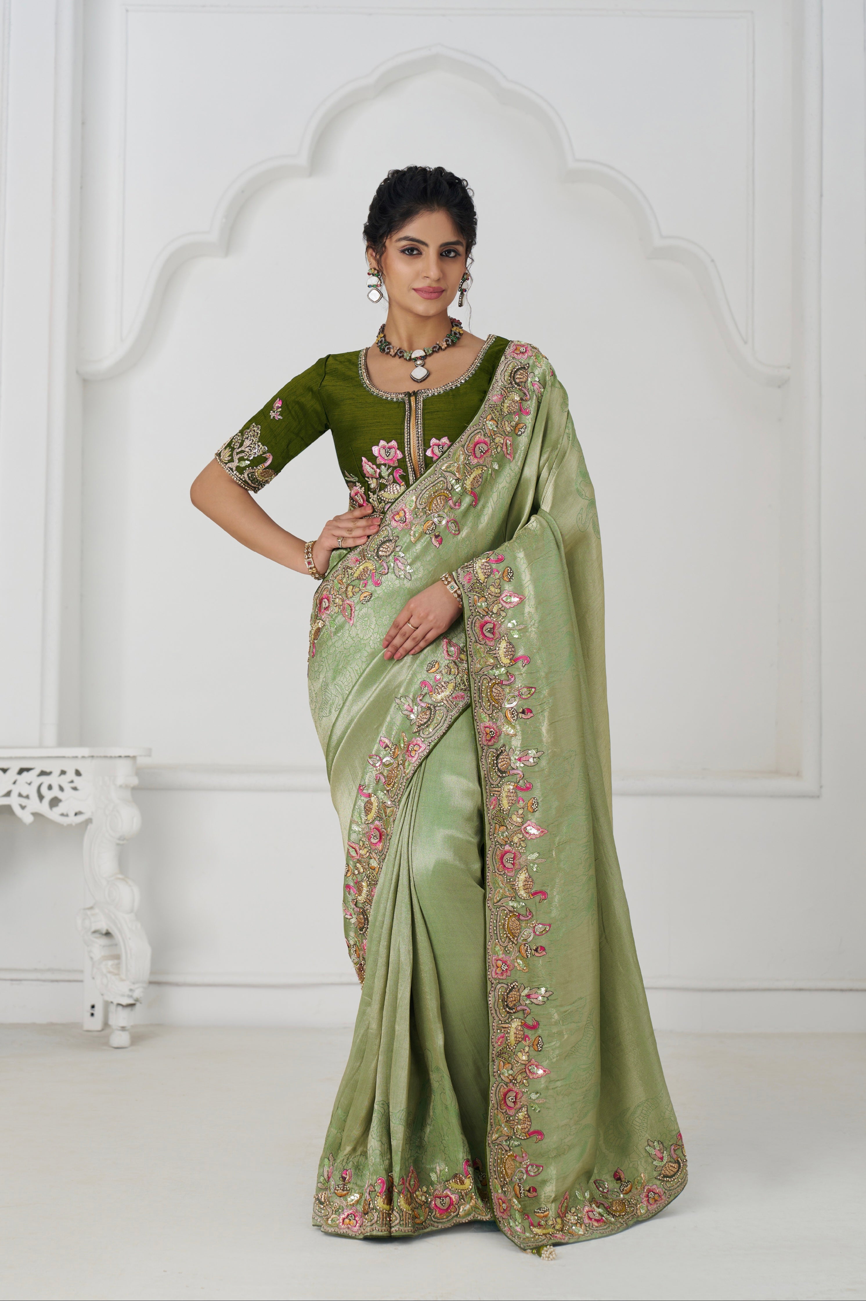 Designer Dola silk saree in mehendi tone
