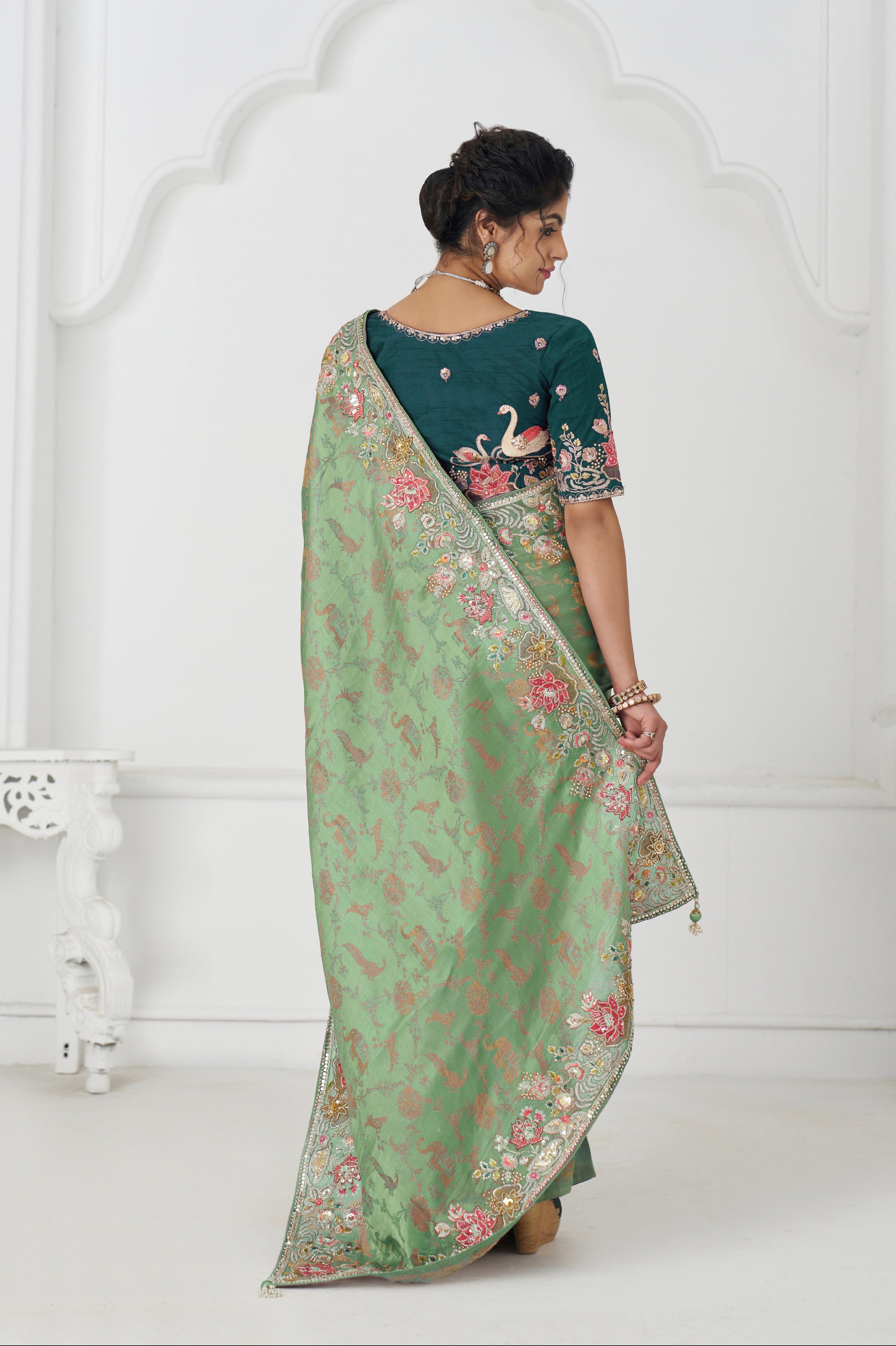 Festive wear green silk saree for women