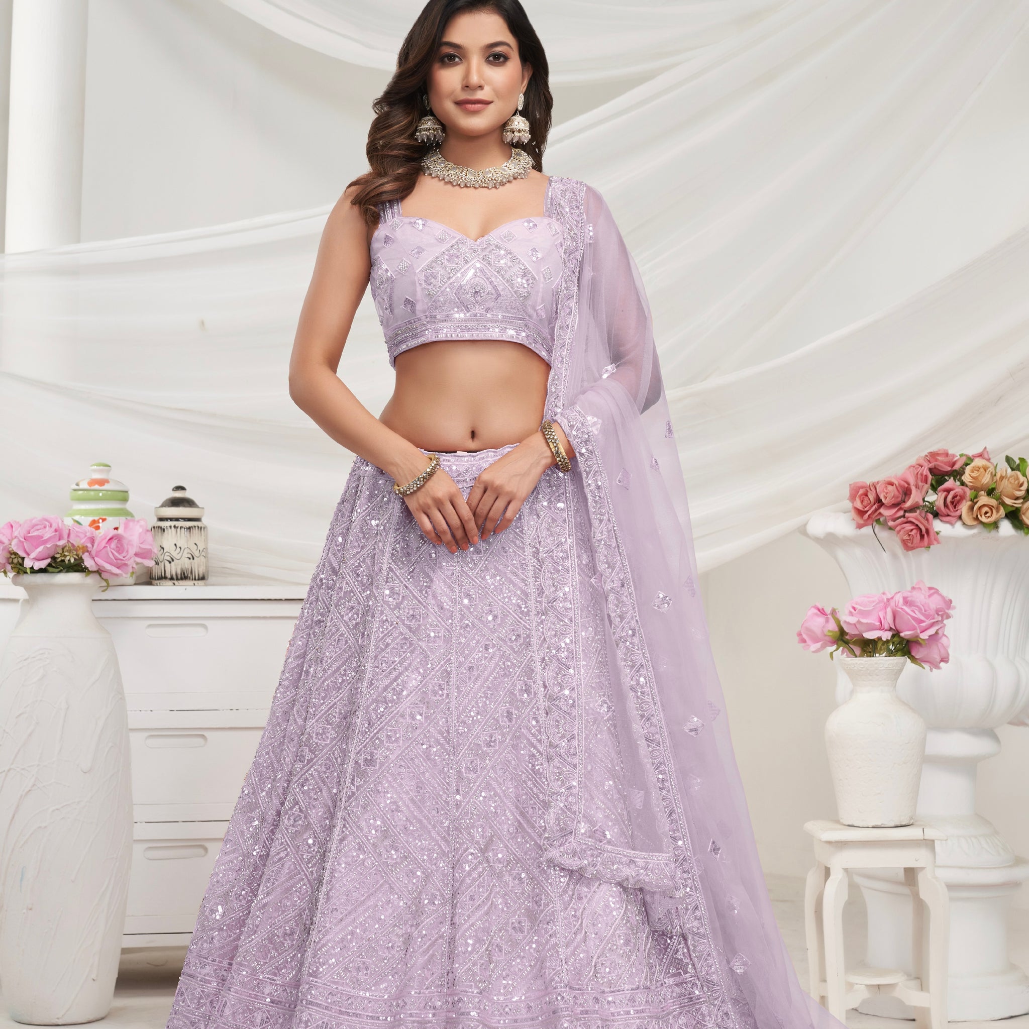 Mauve Net Lehenga with Sequin & Cut Dana - Bridal Ensemble
