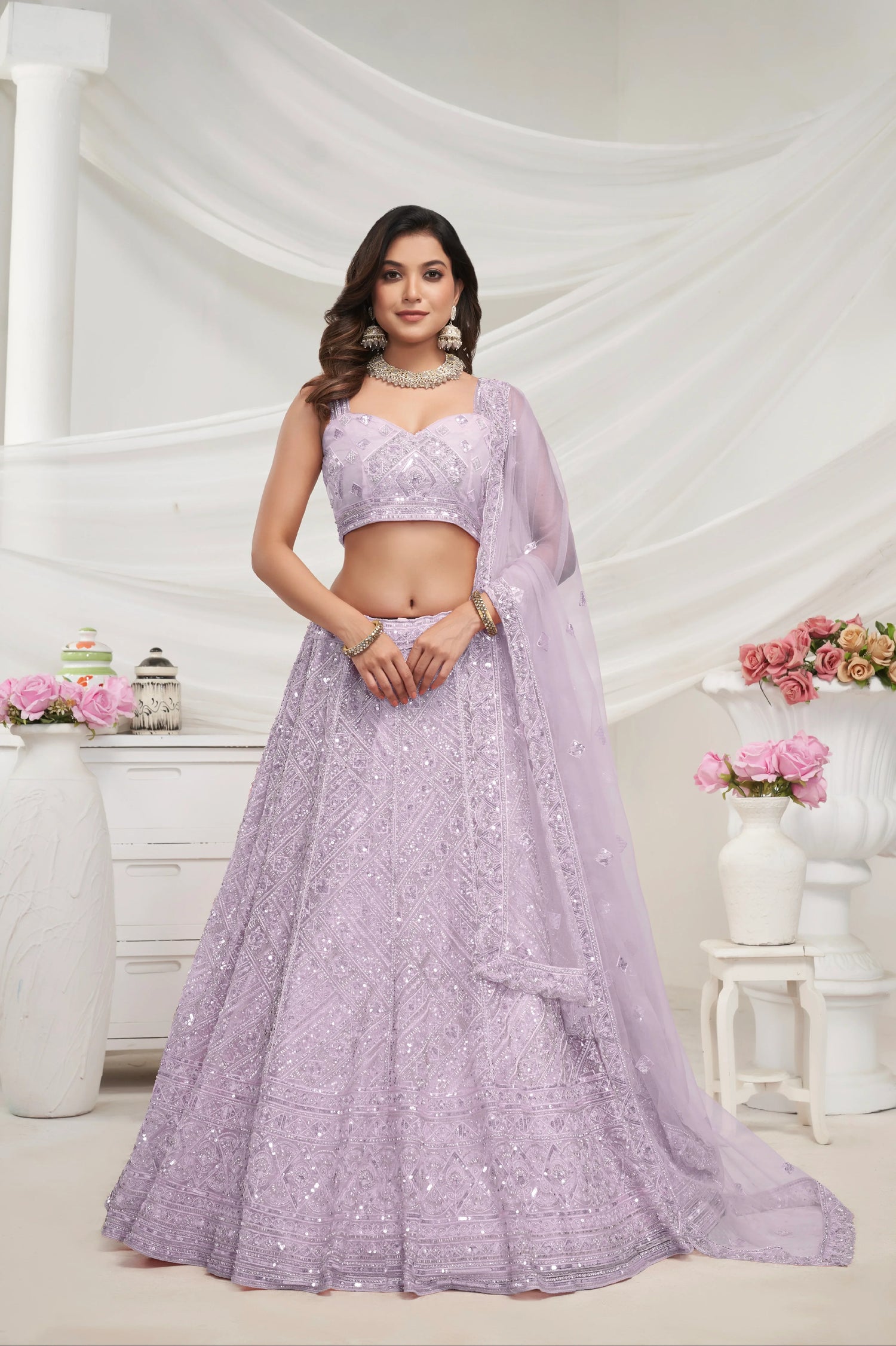 Mauve Net Lehenga with Sequin &amp; Cut Dana - Bridal Ensemble