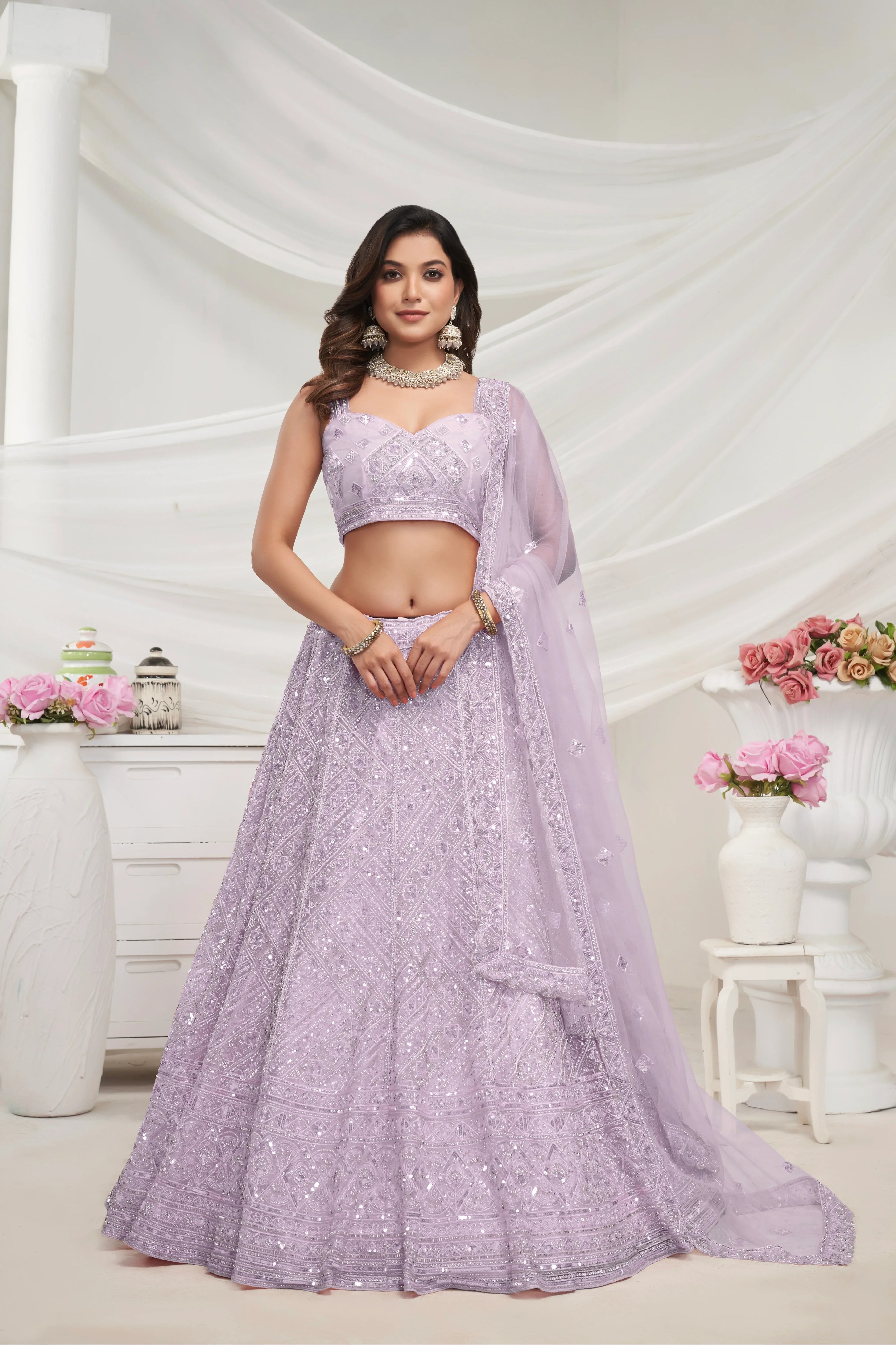 Mauve Net Lehenga with Sequin &amp; Cut Dana - Bridal Ensemble