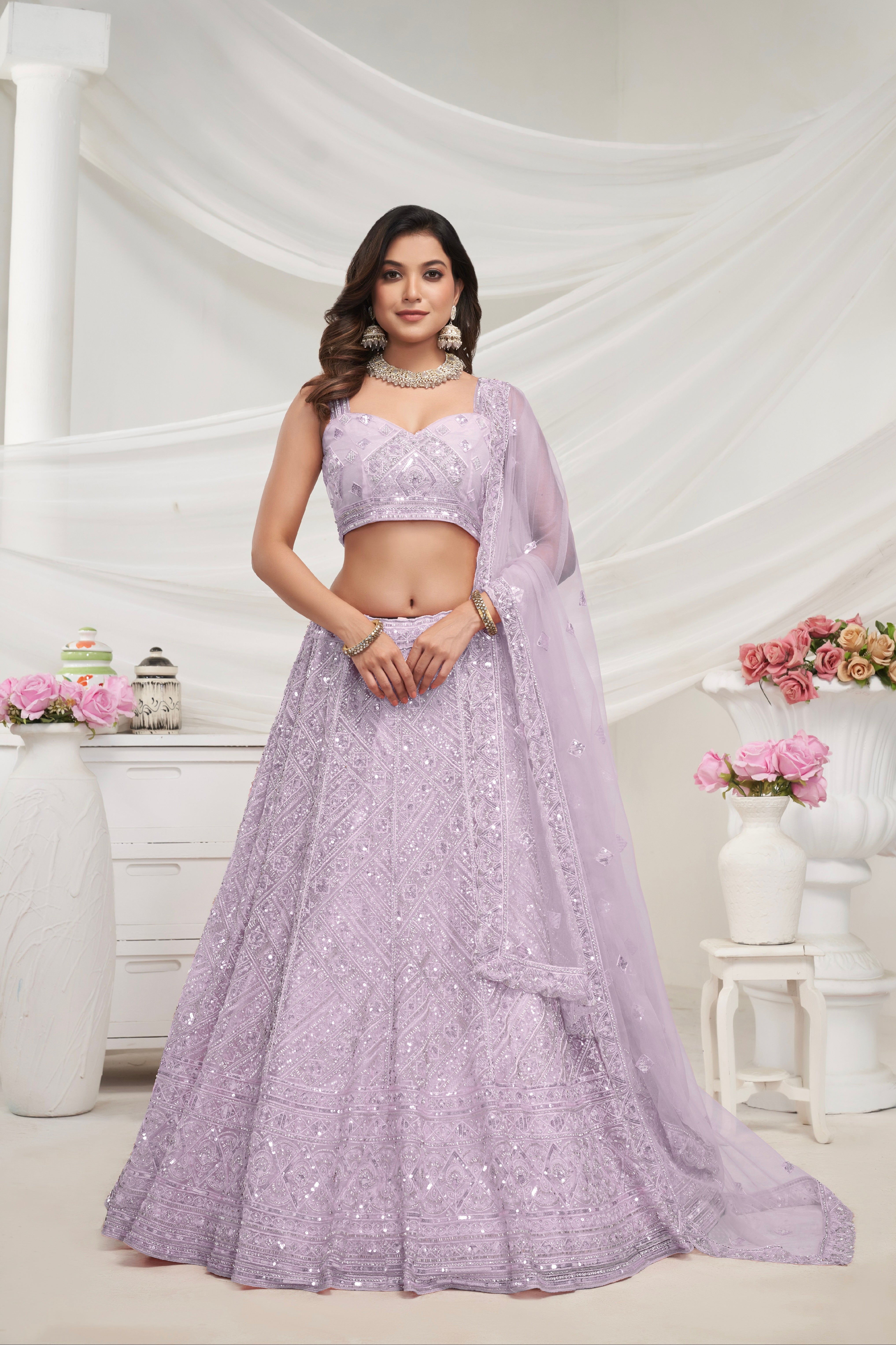 Mauve Net Lehenga with Sequin & Cut Dana - Bridal Ensemble
