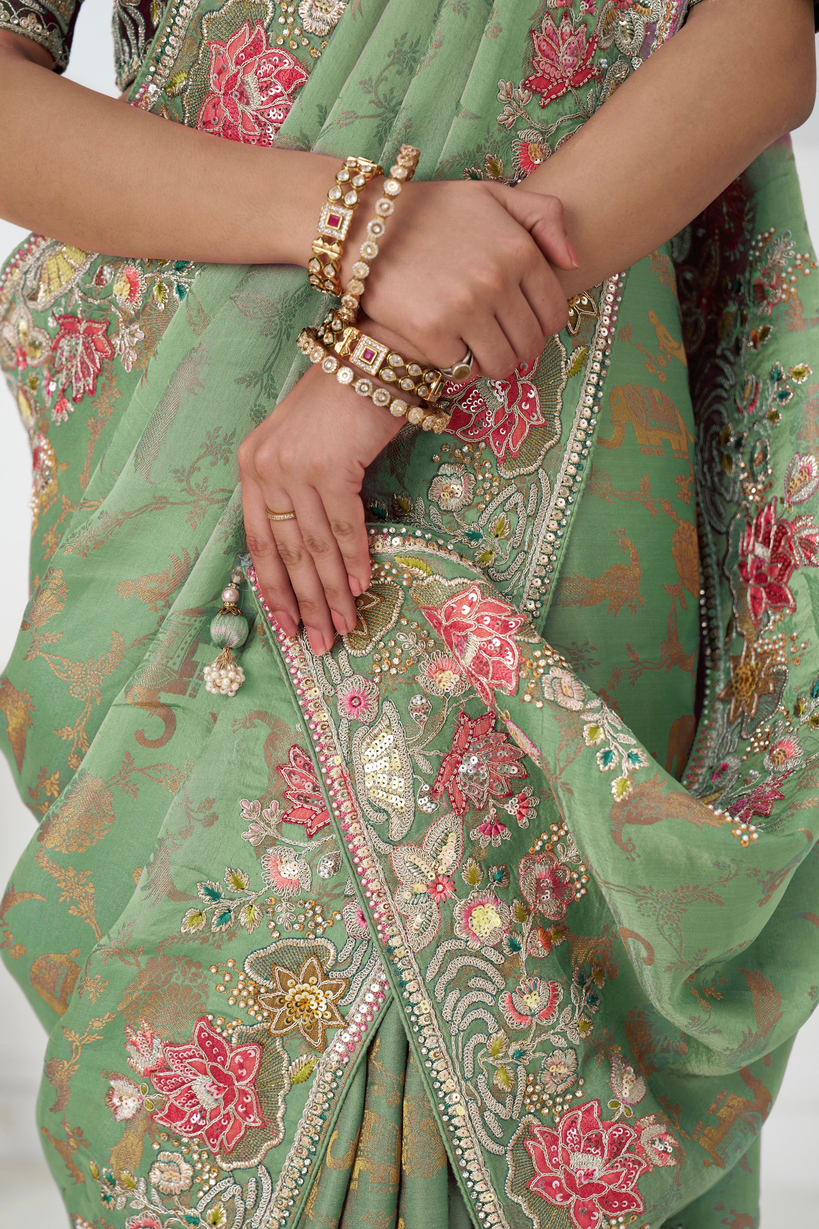 Designer green saree with handwork embroidery