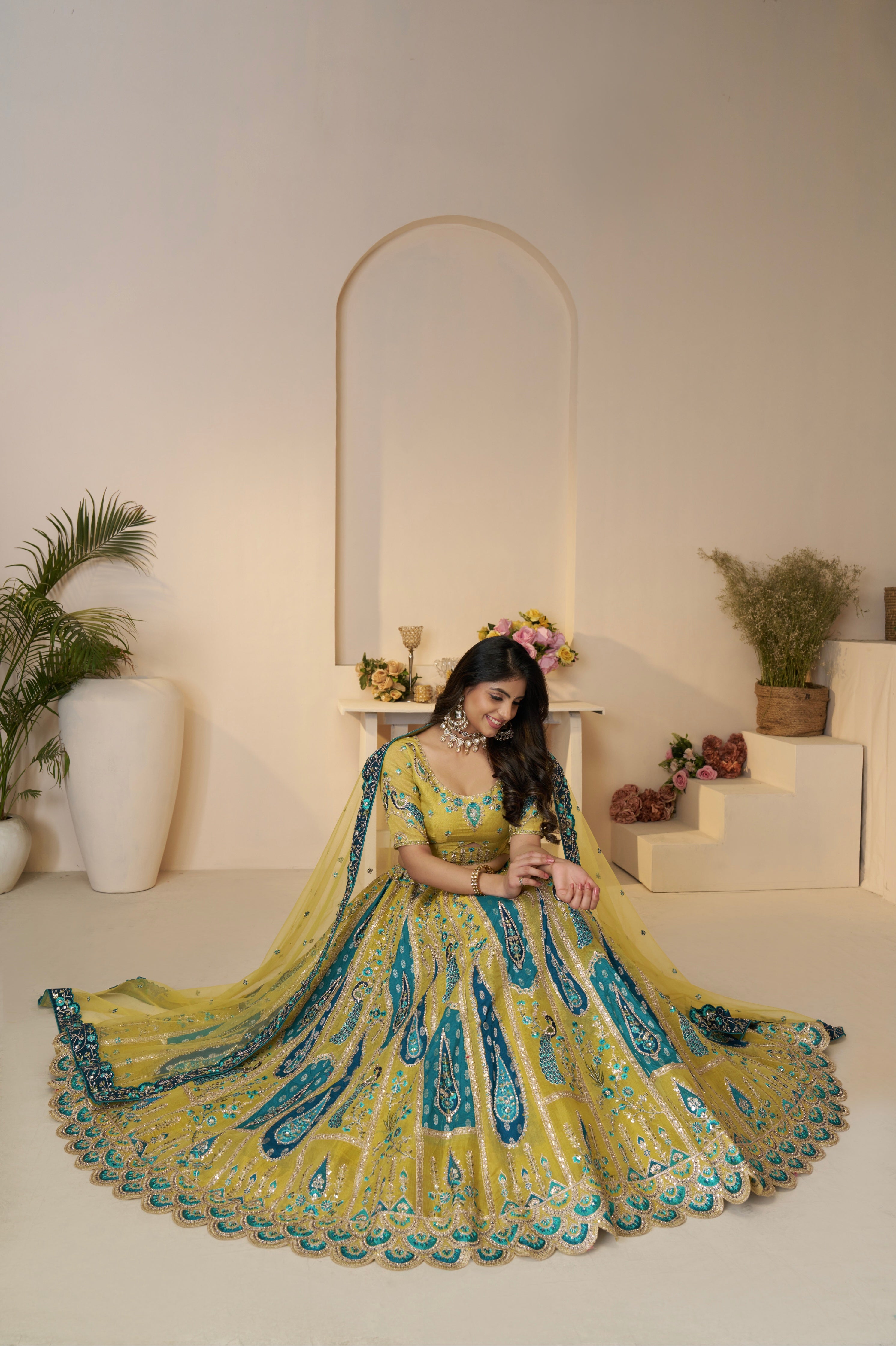 Zari embroidered yellow silk lehenga choli
