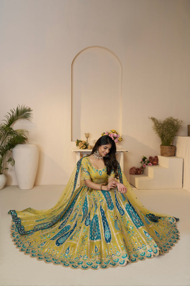 Zari embroidered yellow silk lehenga choli