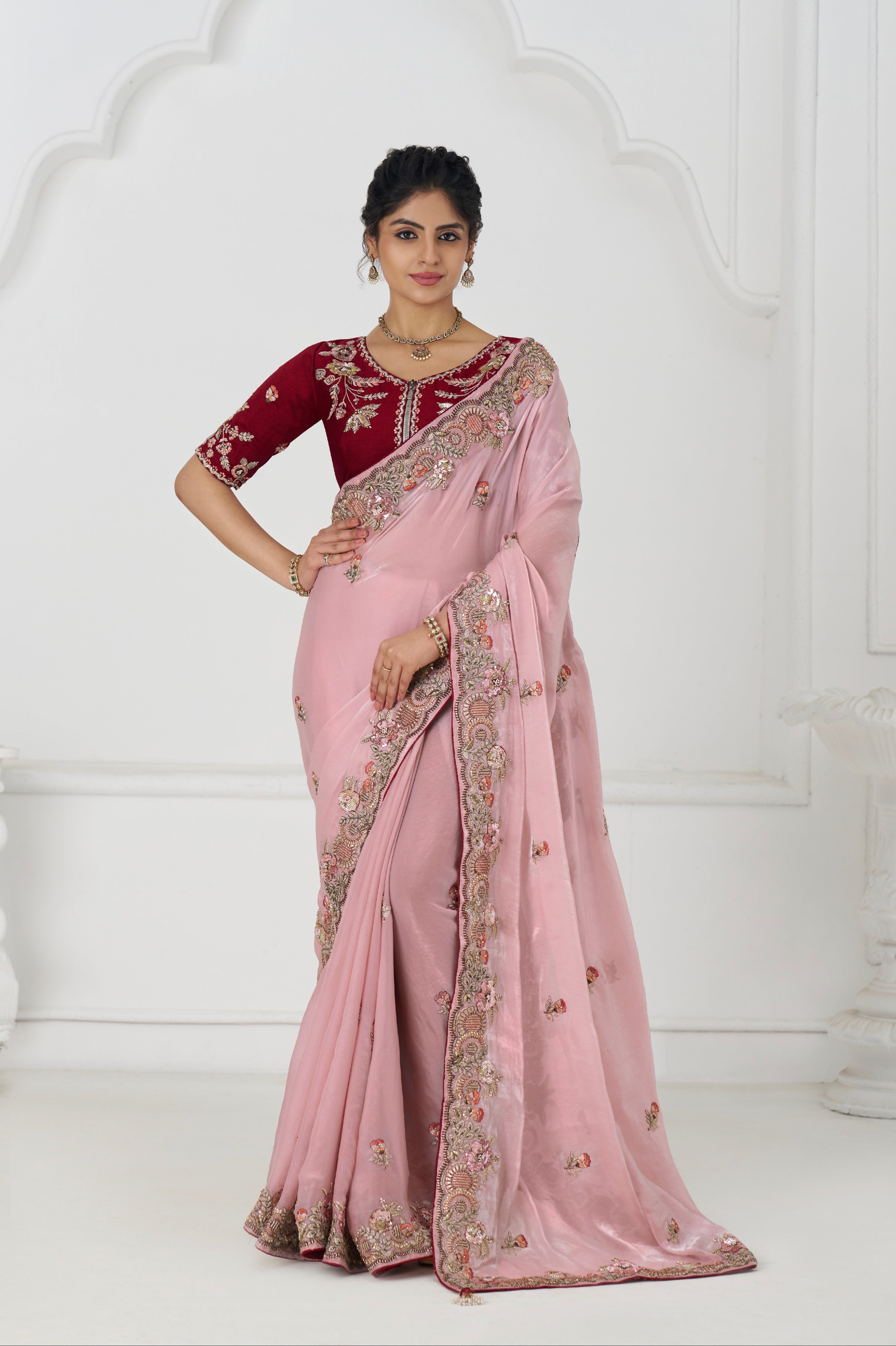 Elegant pink silk saree with sequins and beads