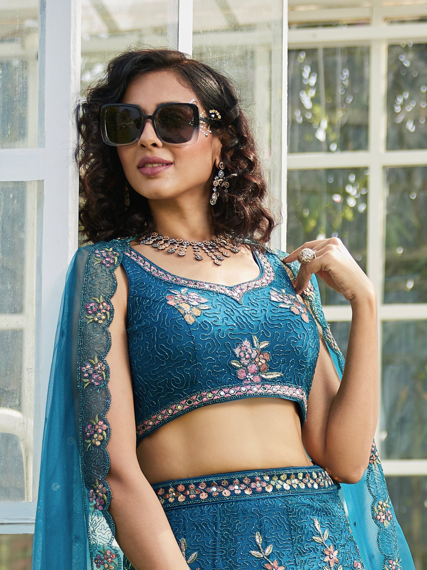 Navy Blue Net Embroidered Net Lehenga with Sequins &amp; Zarkan Work